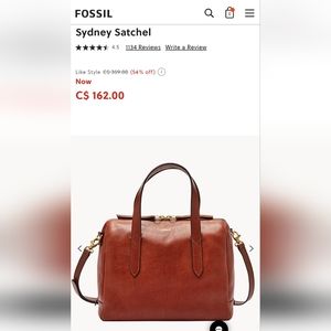 Fossil Sydney Satchel purse, brown leather w/ brass hardware